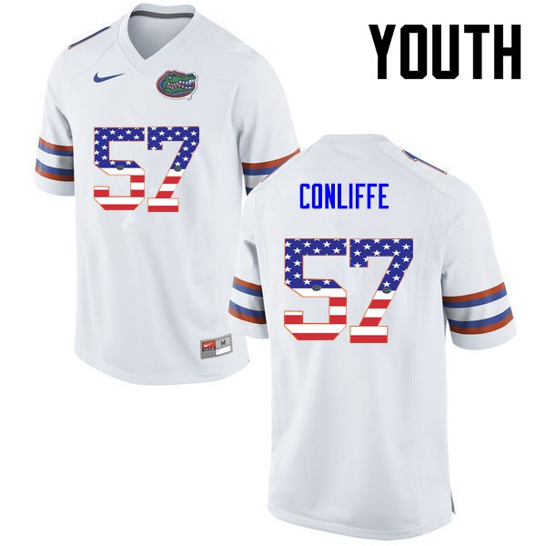 Florida Gators Youth #57 Elijah Conliffe College Football USA Flag Fashion White